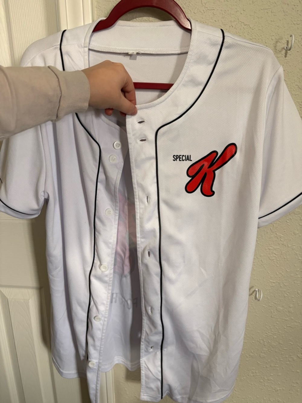 Special K White Button-Up Jersey Shirt Jacket with Black Piping